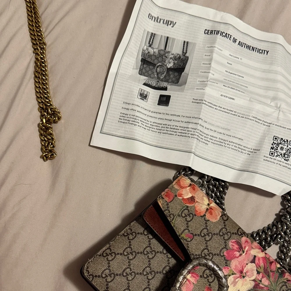 AuthenticGucci Beige GG Supreme Canvas Crossbody with Pink Floral and Brown Trim - Picture 8 of 8